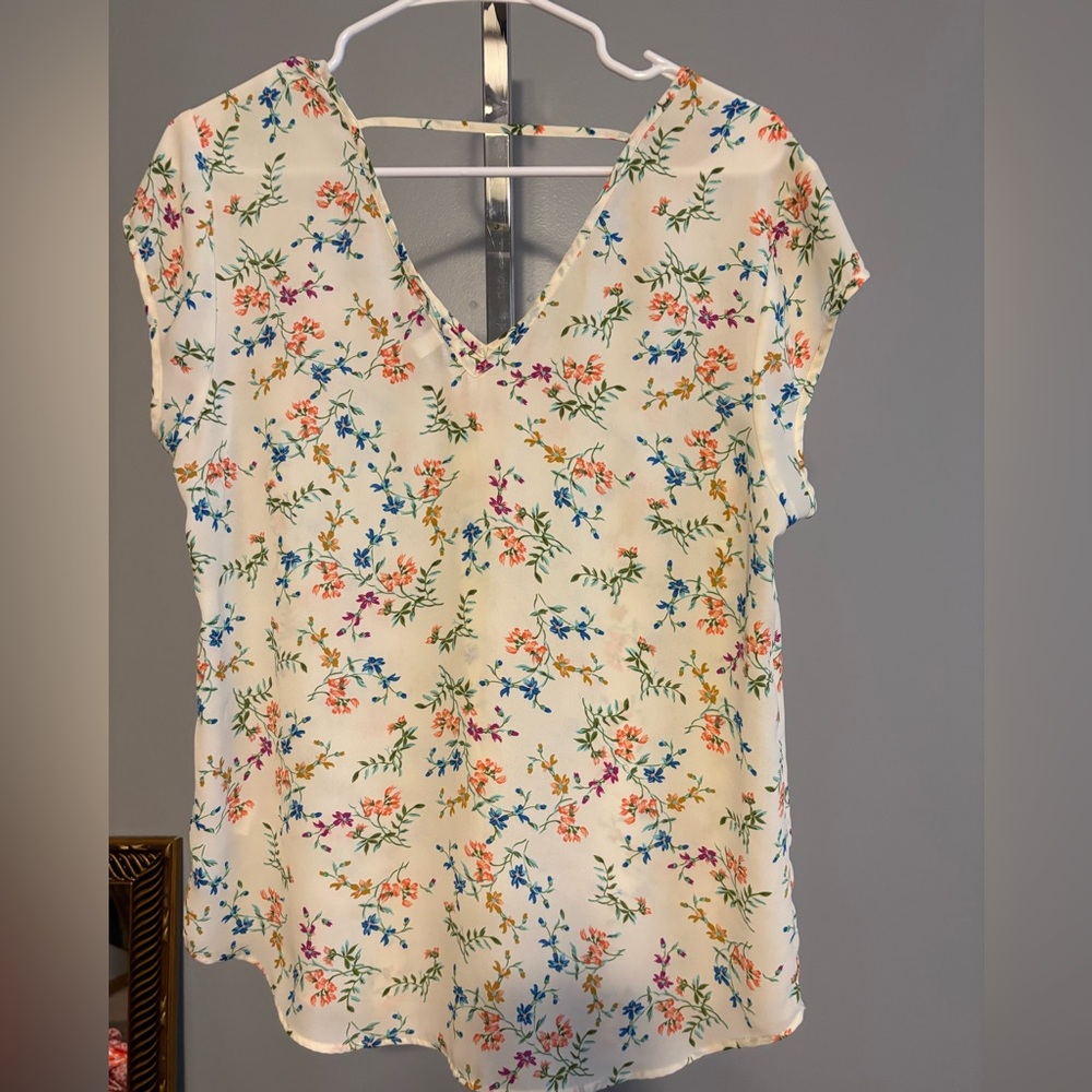 DR2 Womens ivory Floral Sleeveless‎ Tunic Top V-Neck  Size M
